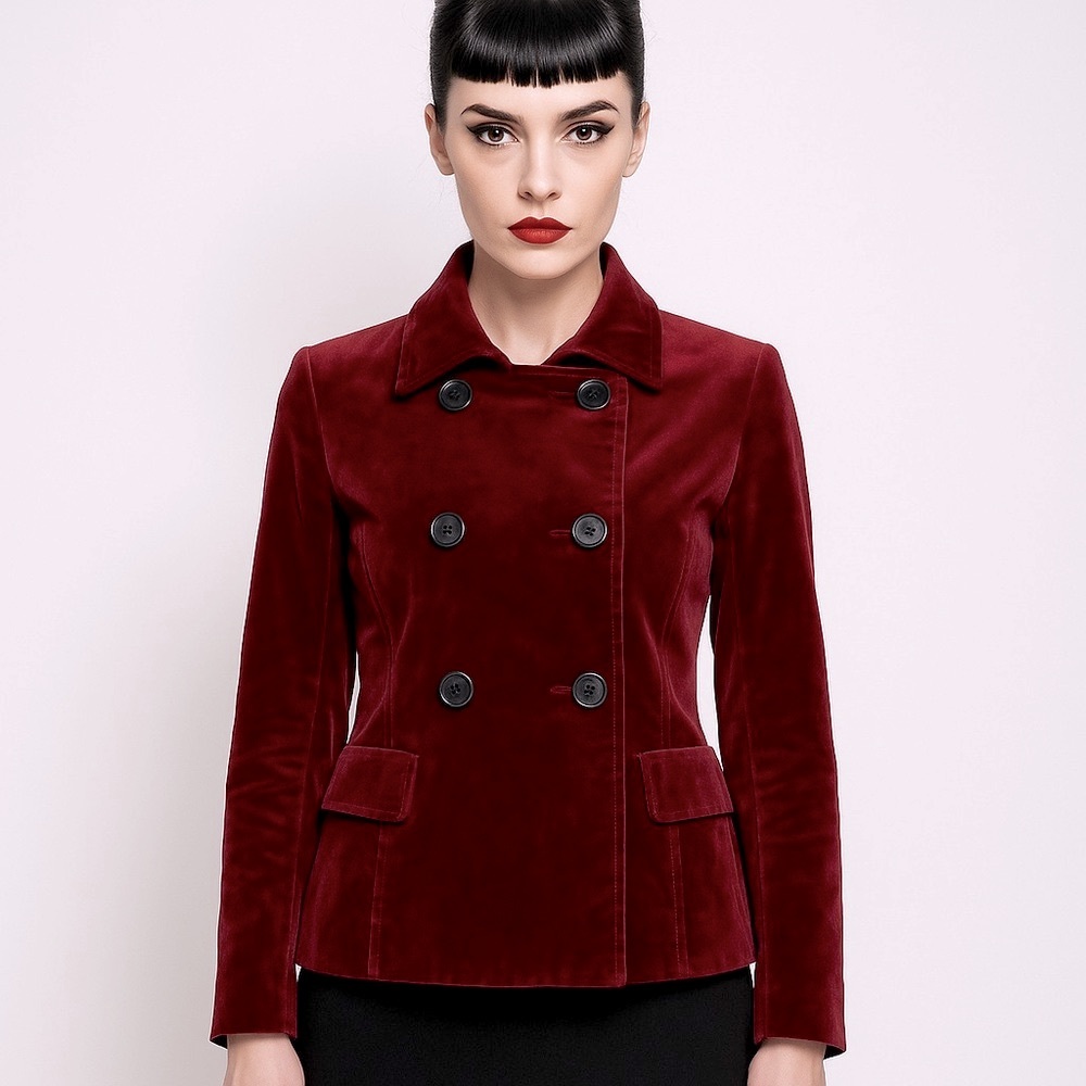 RUNWAY NY Sample Classic Cropped Suede Velvet Pea Coat Button Up Burgundy Small